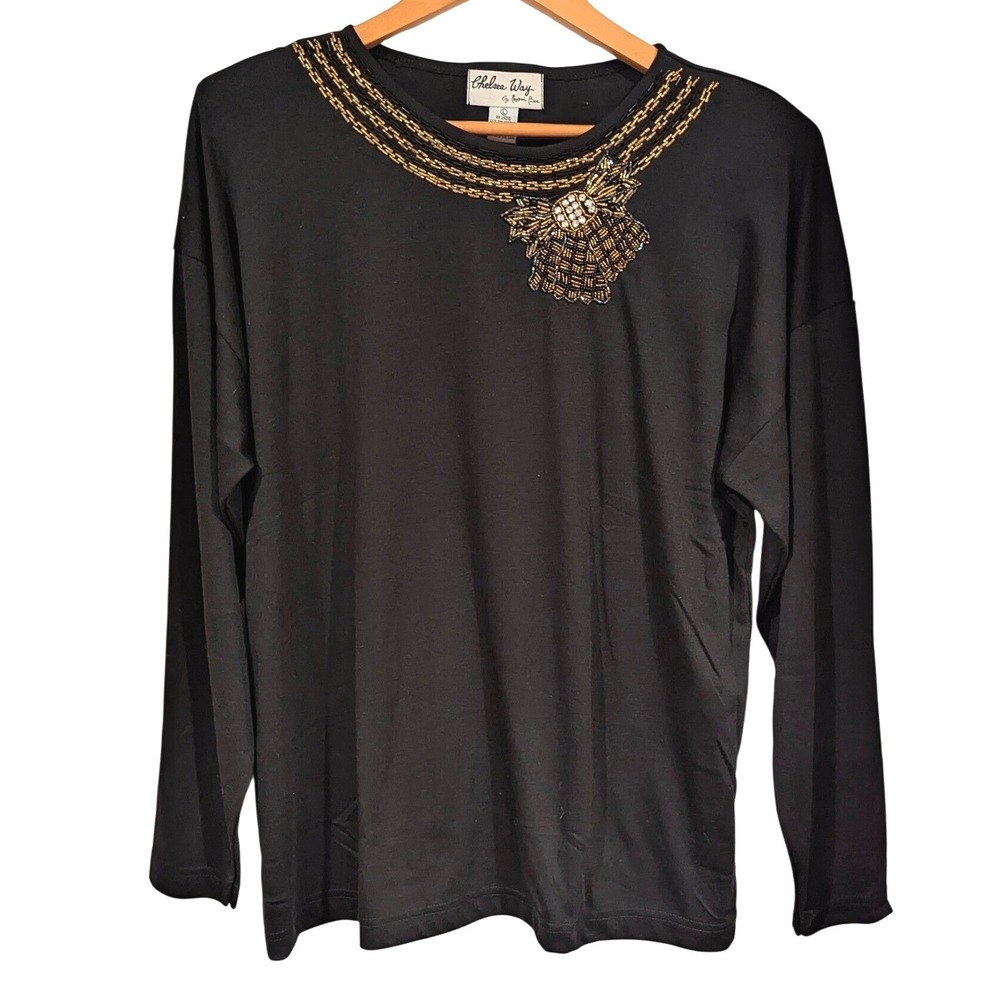 Chelsea Way by Traum Bee Black‎ Embellished Chain & Bead Long Sleeve Top Large
